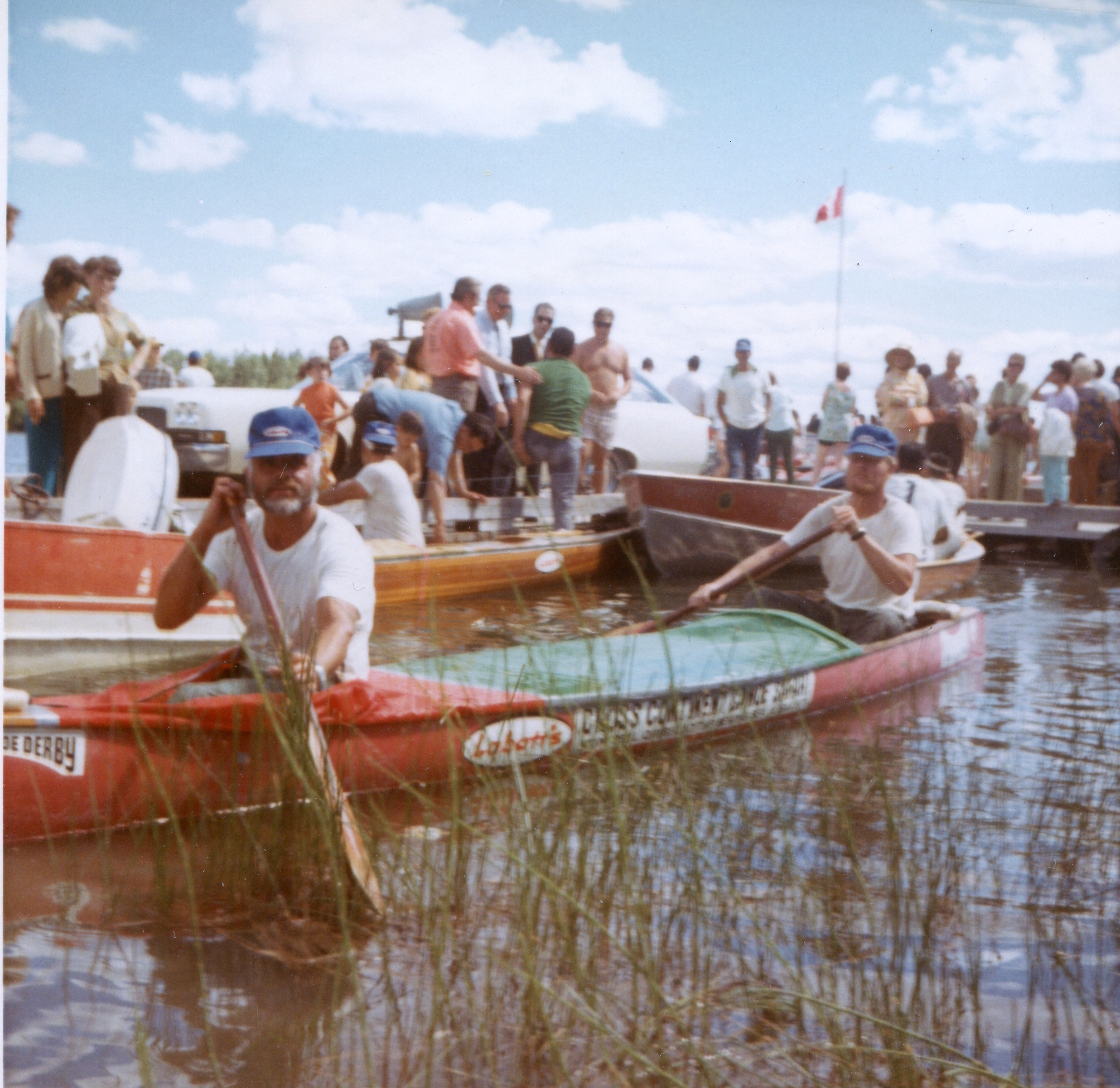 Verlen Kruger and Clint Waddell canoe race in Flin Flon. 1971