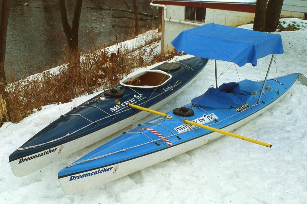 2 blue Dreamcatcher decked canoes